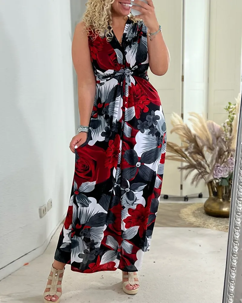Anne - Elegant Sleeveless Pleated Floral Print Dress
