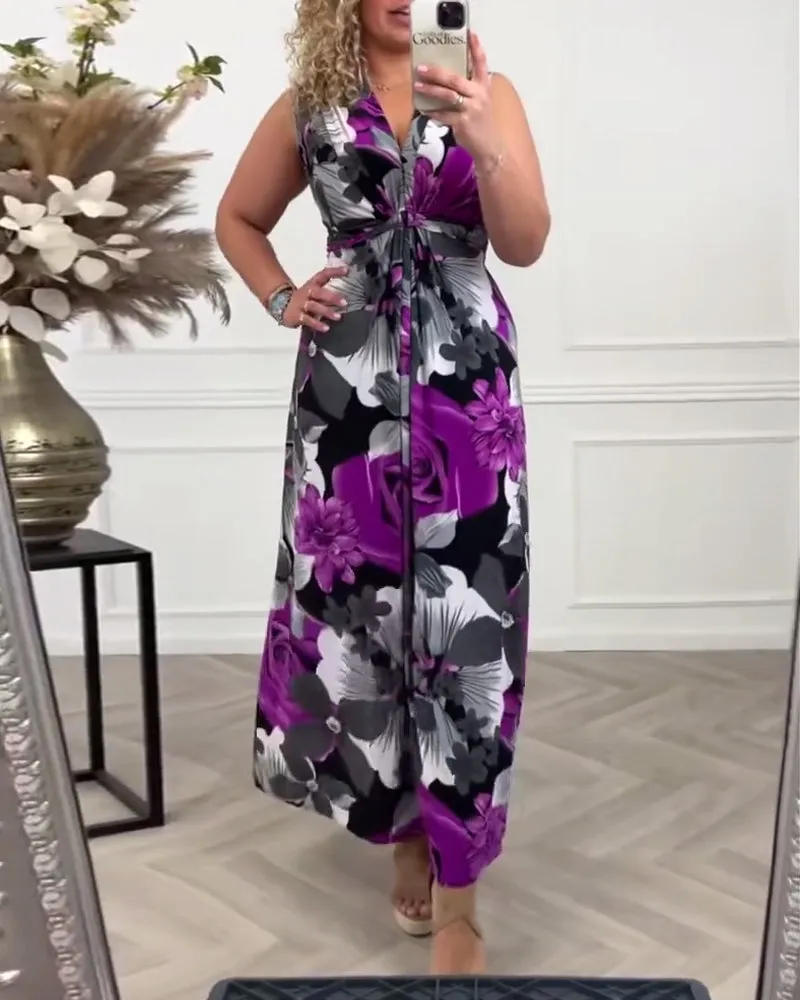 Anne - Elegant Sleeveless Pleated Floral Print Dress