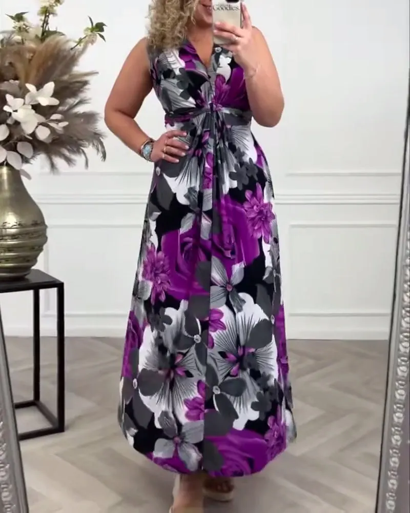 Anne - Elegant Sleeveless Pleated Floral Print Dress