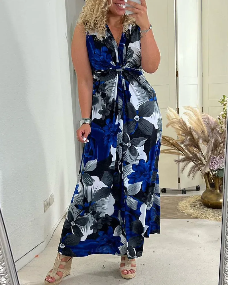 Anne - Elegant Sleeveless Pleated Floral Print Dress