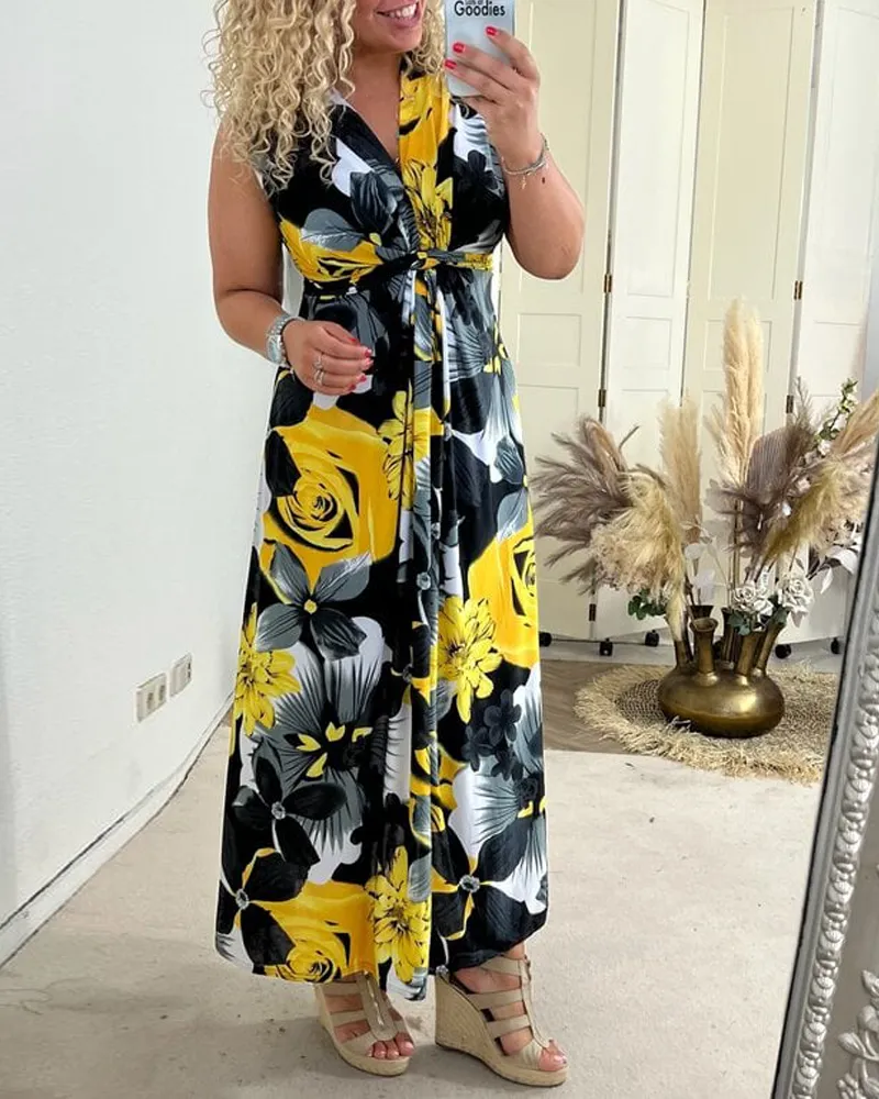 Anne - Elegant Sleeveless Pleated Floral Print Dress