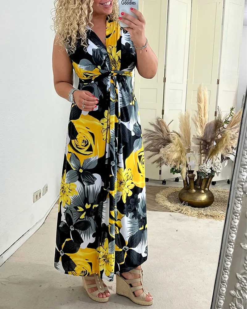 Anne - Elegant Sleeveless Pleated Floral Print Dress