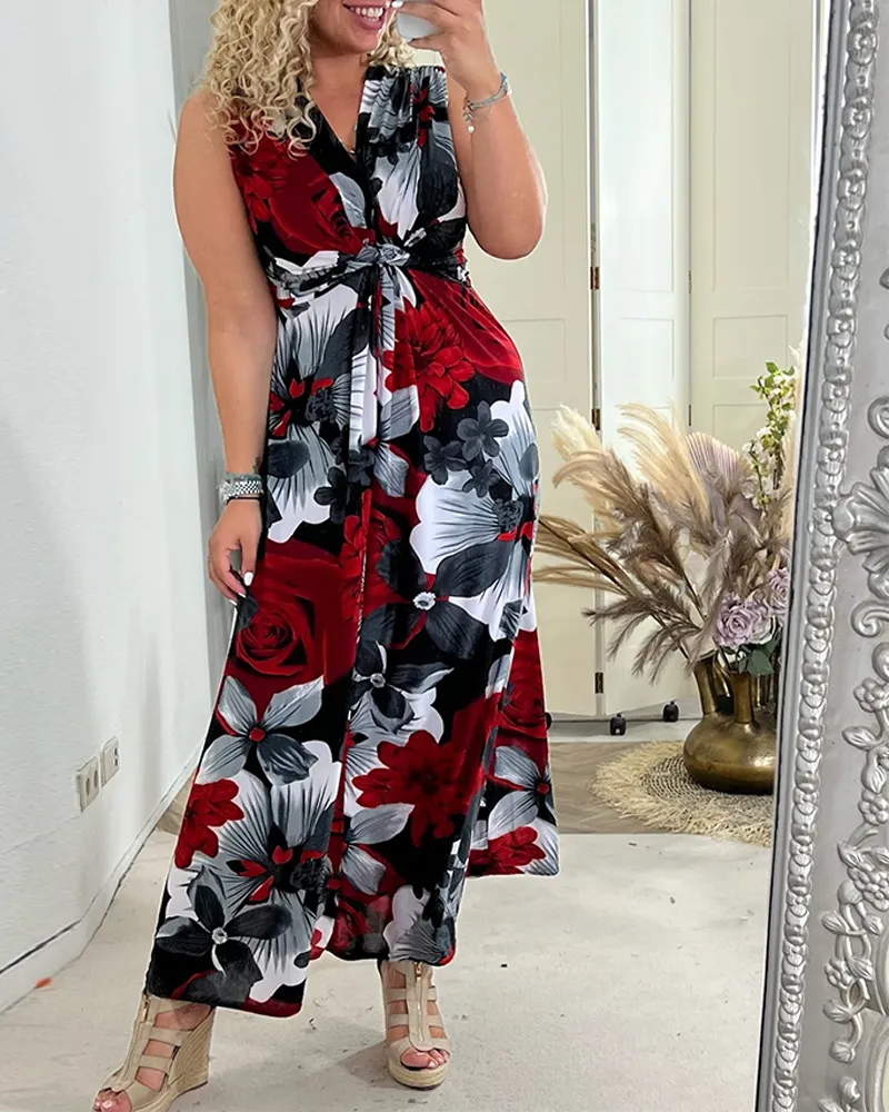 Anne - Elegant Sleeveless Pleated Floral Print Dress