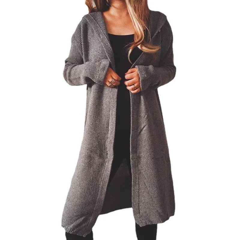Autumn and winter solid color long sleeve hooded knitted cardigan