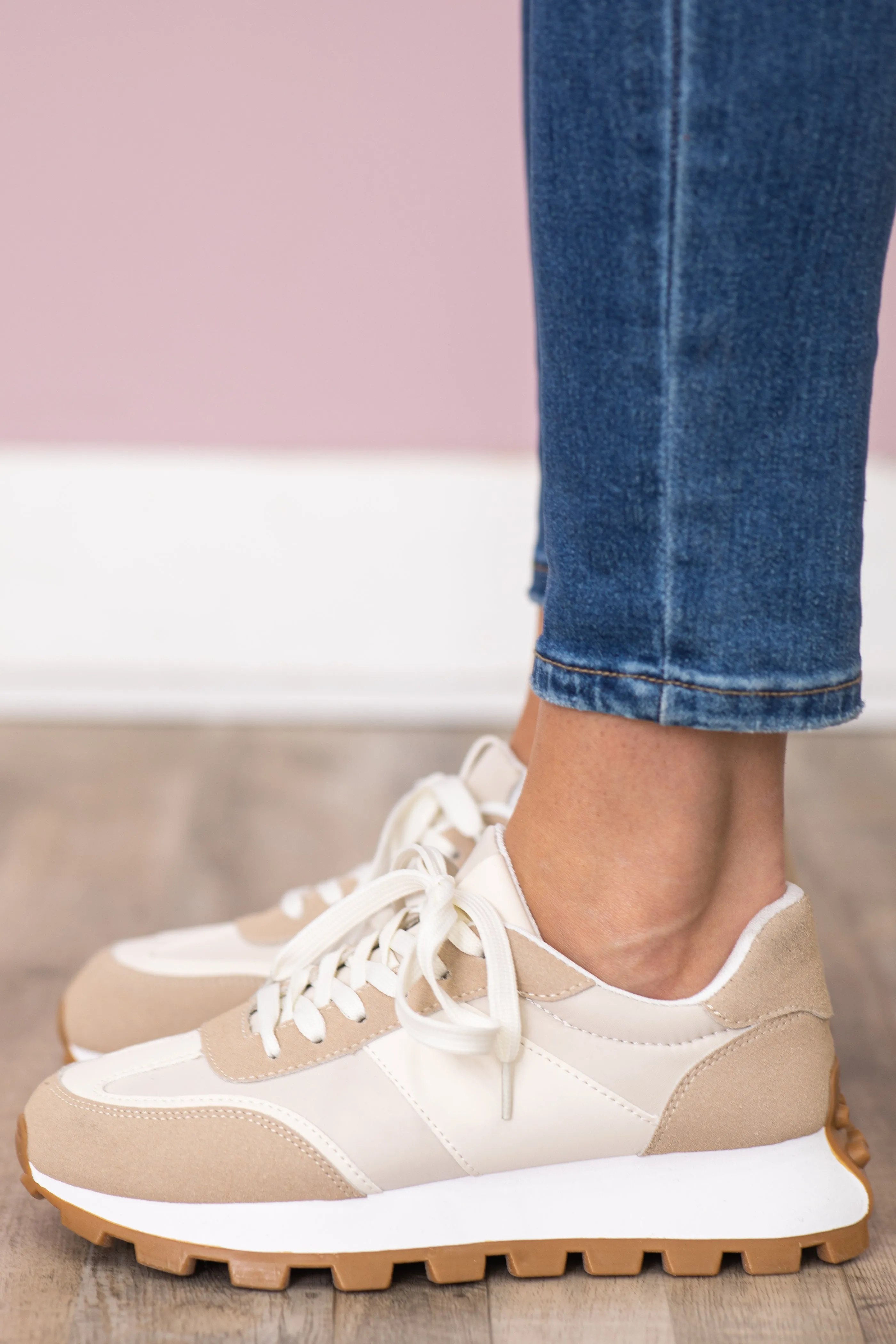 Beige With Tan Platform Sole Sneaker