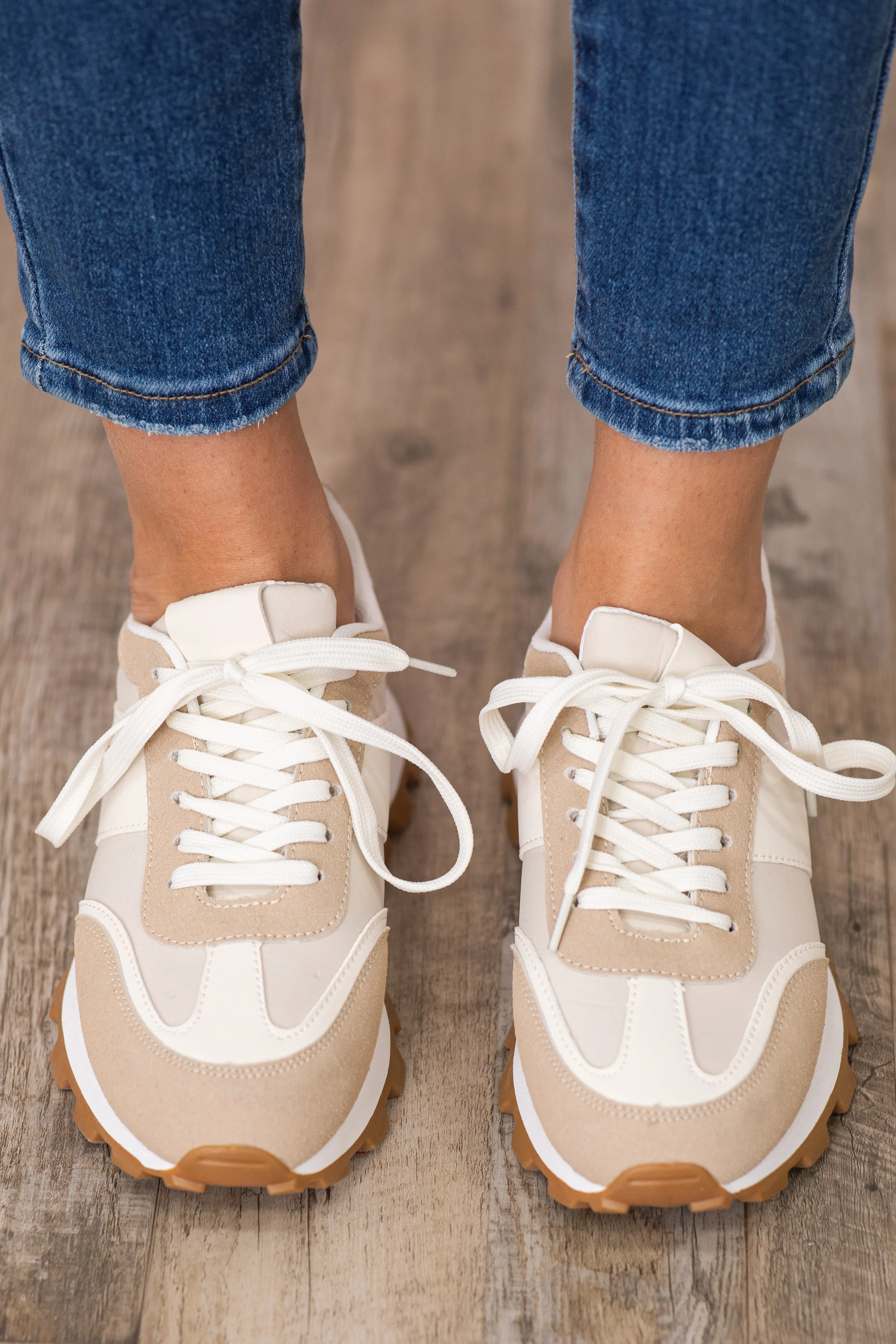 Beige With Tan Platform Sole Sneaker