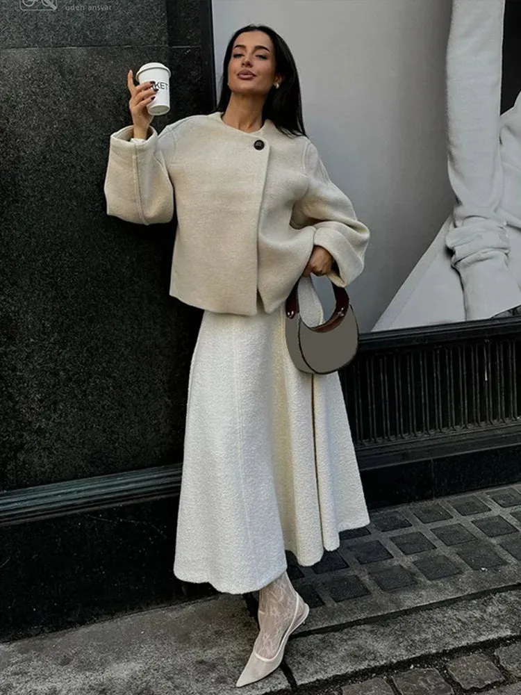 Bonnyshow New Elegant Solid Color Women's Coat Casual Loose Single Breasted Long Sleeve Coats New Fashion Winter Round Neck Outerwears