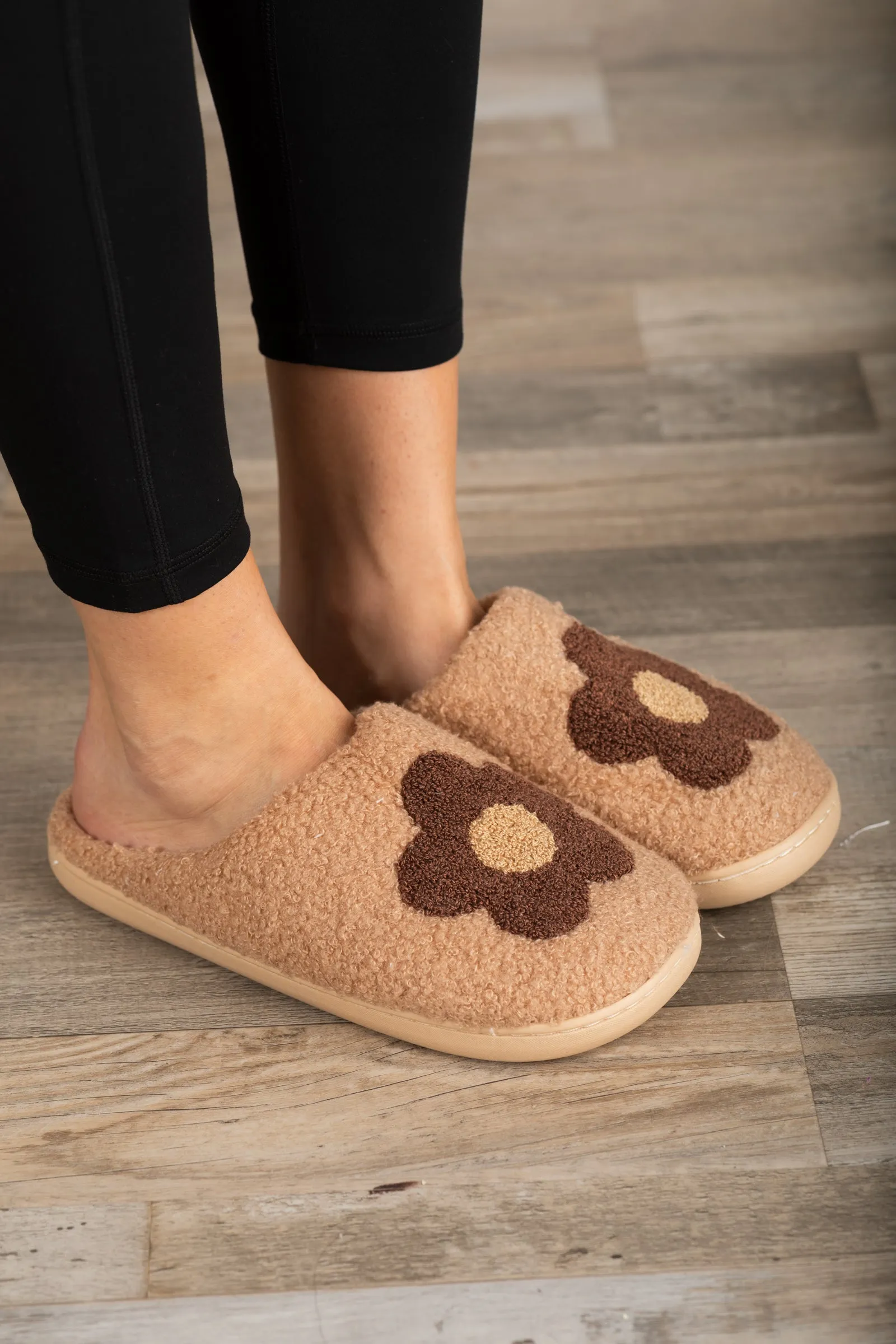 Camel With Brown Flower Soft Fuzzy Slipper