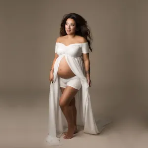 Chiffon Shoulder-less Maternity Dresses for Photo Shoot White Front Open