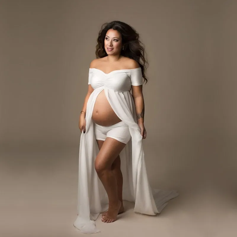 Chiffon Shoulder-less Maternity Dresses for Photo Shoot White Front Open