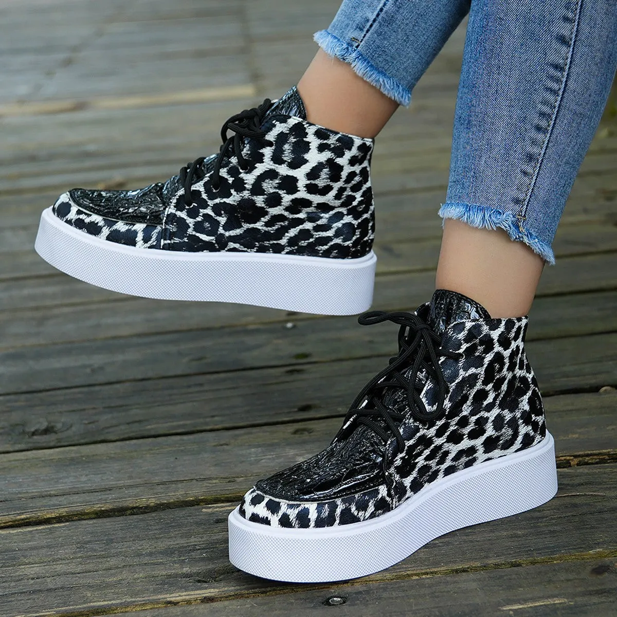 Faux Leather Leopard Platform Sneakers