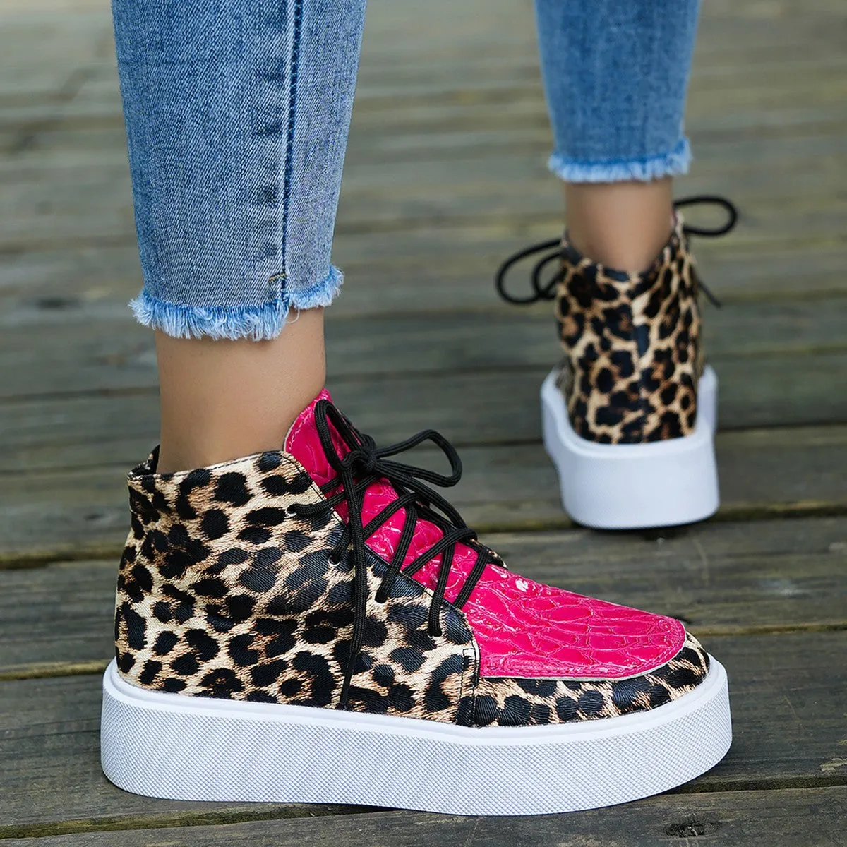 Faux Leather Leopard Platform Sneakers