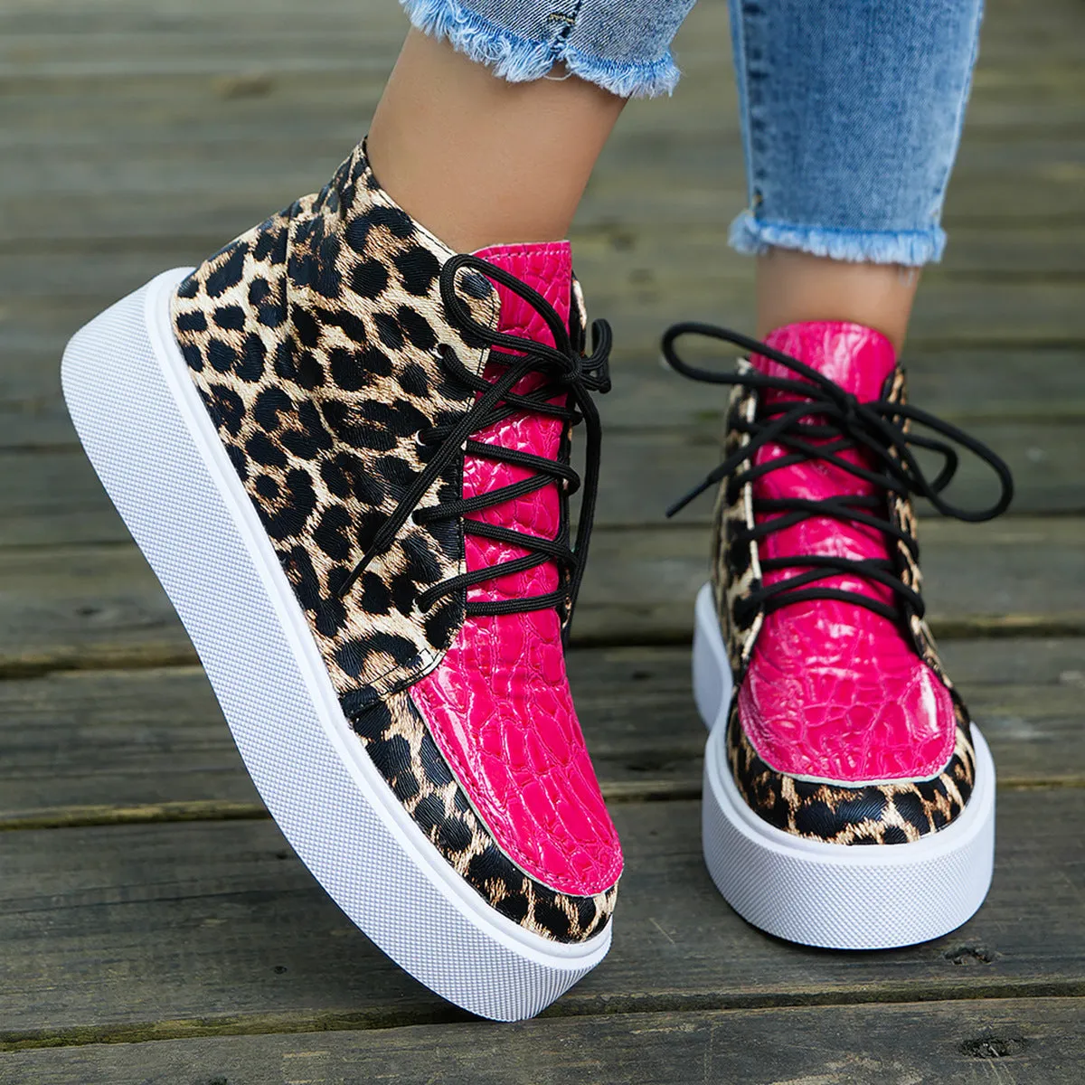 Faux Leather Leopard Platform Sneakers