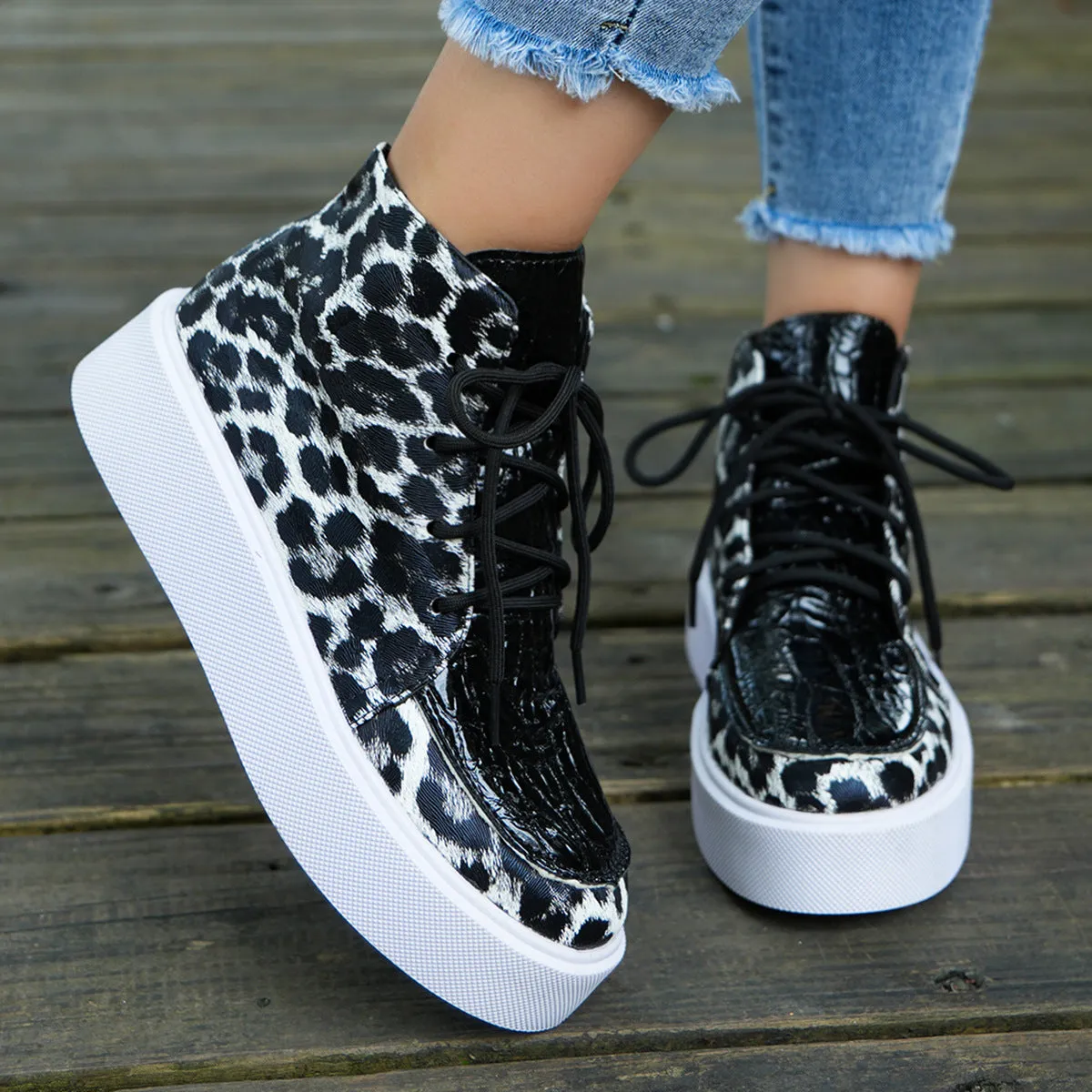 Faux Leather Leopard Platform Sneakers