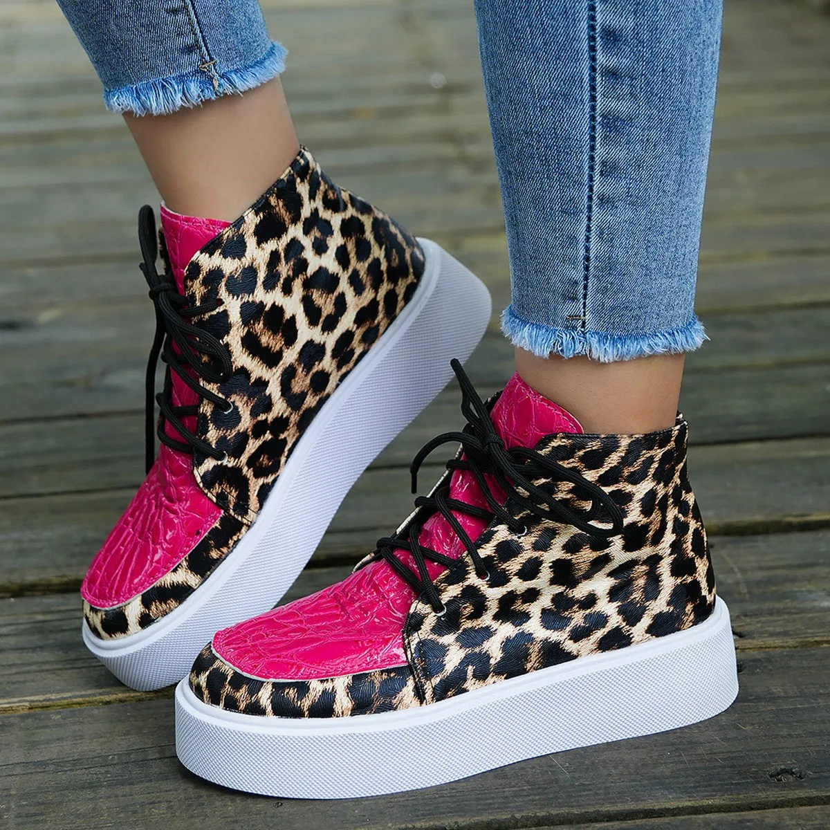 Faux Leather Leopard Platform Sneakers