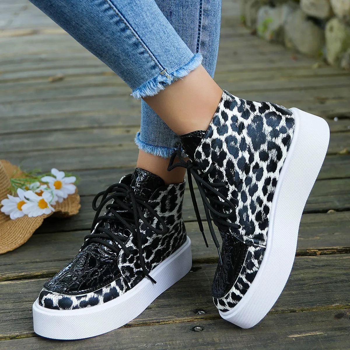 Faux Leather Leopard Platform Sneakers