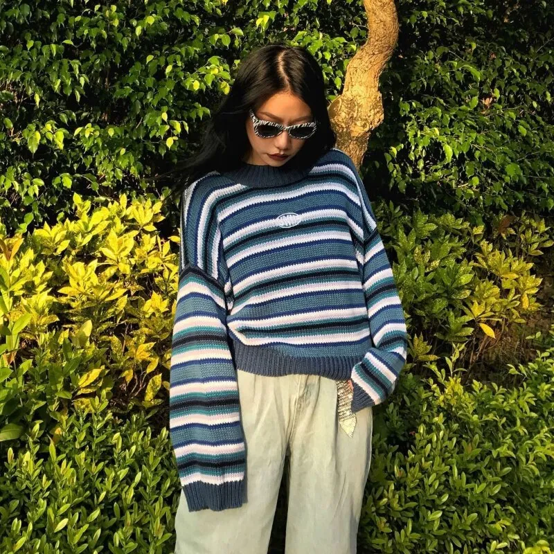 Joskaa Christmas Gift JMPRS Fashion Striped Women Sweater Winter 2024 Harajuku Pullover Cute Knitted Coats High Street Black Blue Long Sleeve Jumper