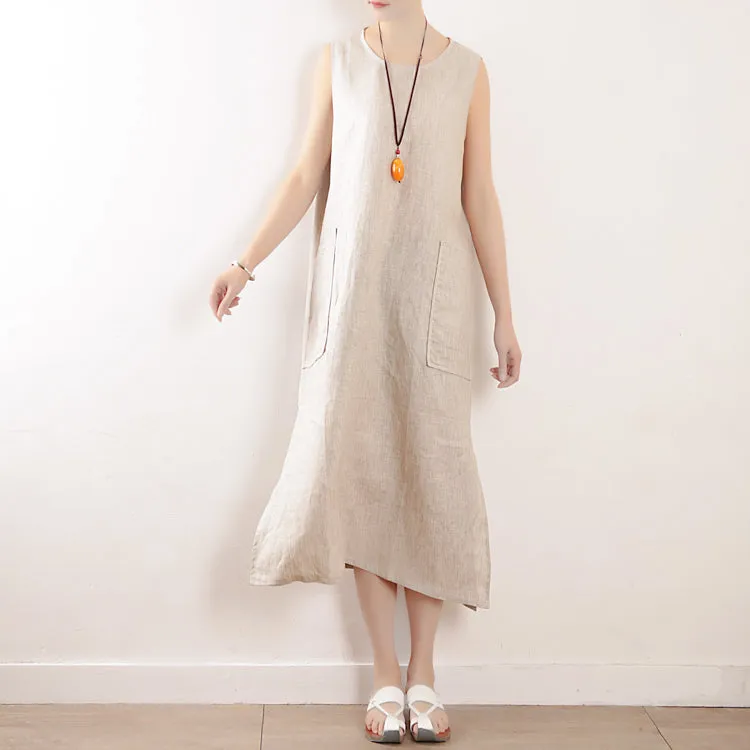 Khaki Sleeveless Slit Dress Summer linen Women Dresses AMT962325