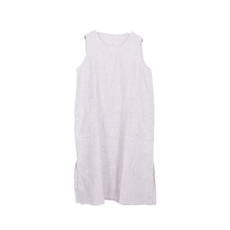 Khaki Sleeveless Slit Dress Summer linen Women Dresses AMT962325