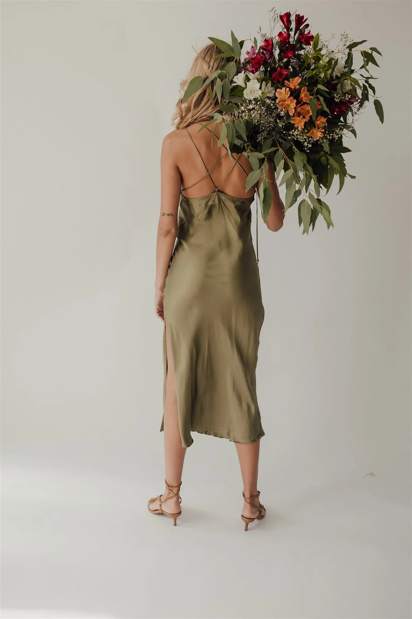 Nairi Satin Slip Midi Dress Olive
