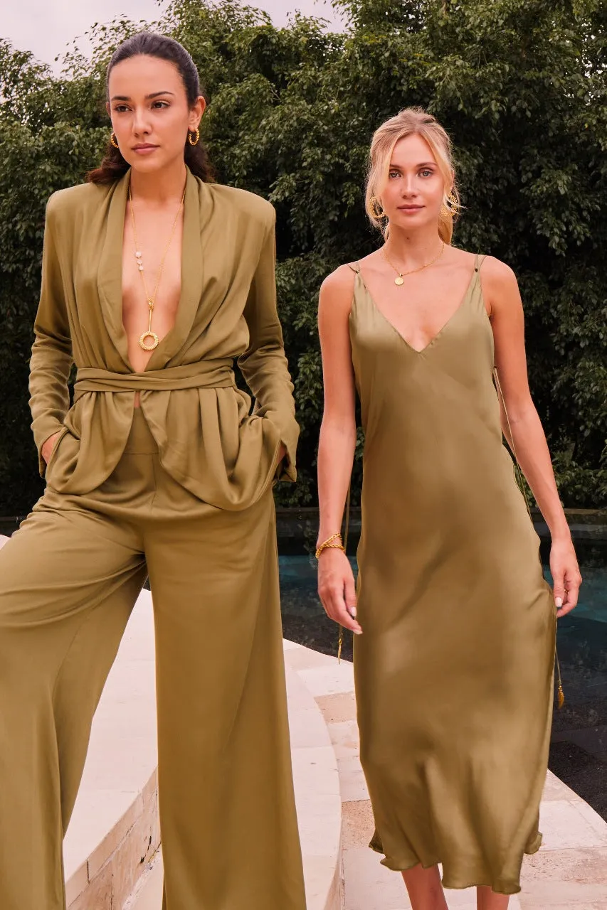 Nairi Satin Slip Midi Dress Olive