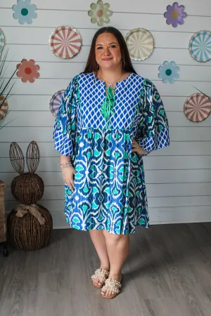 Pretty In Print Ikat Dress • Blue/Green - PLUS