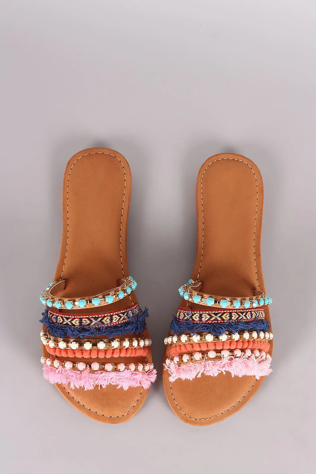 Qupid Jewels And Fringes Embellished Slide Sandal