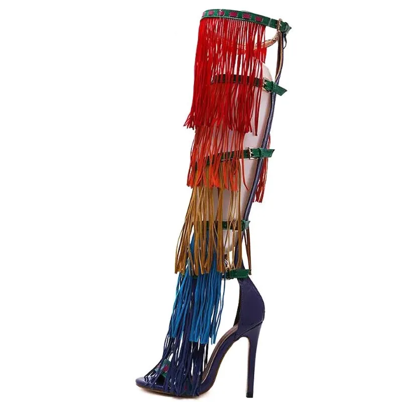 Rainbow Fringe Over The Knee Gladiator Open Toe Platform Boot