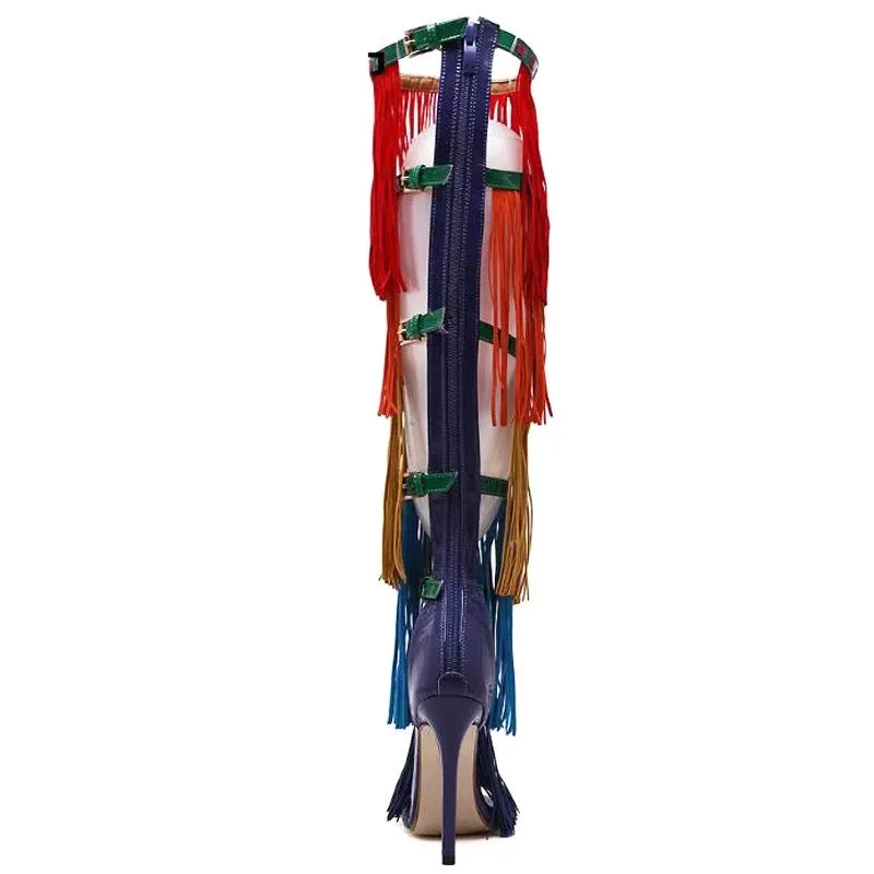 Rainbow Fringe Over The Knee Gladiator Open Toe Platform Boot