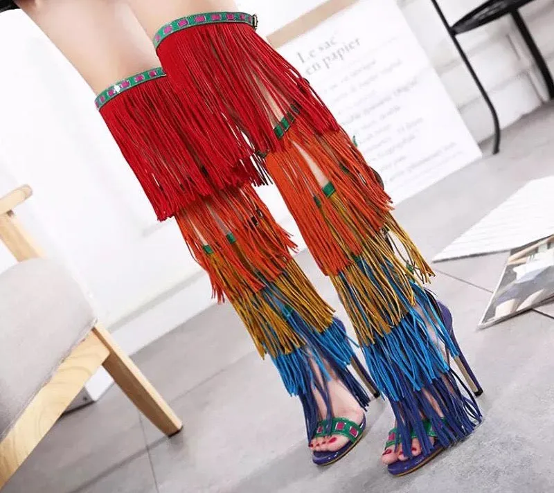 Rainbow Fringe Over The Knee Gladiator Open Toe Platform Boot