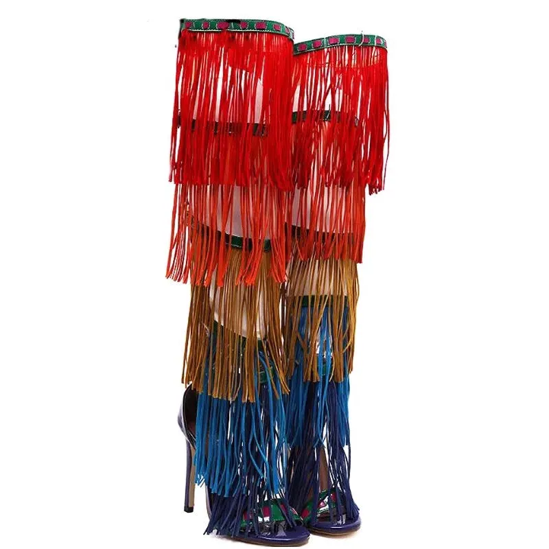Rainbow Fringe Over The Knee Gladiator Open Toe Platform Boot