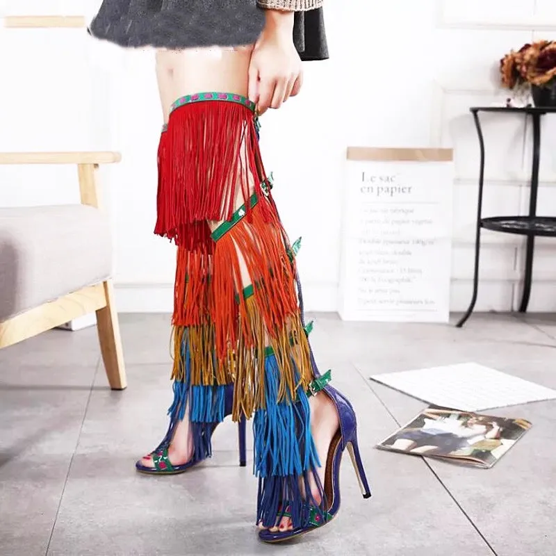 Rainbow Fringe Over The Knee Gladiator Open Toe Platform Boot