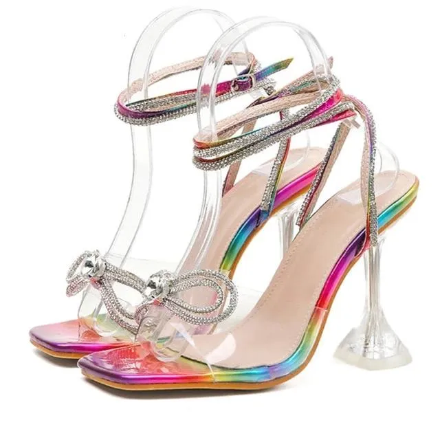 Rhinestone Bowknot PVC Jelly Transparent Square Toe Sandal