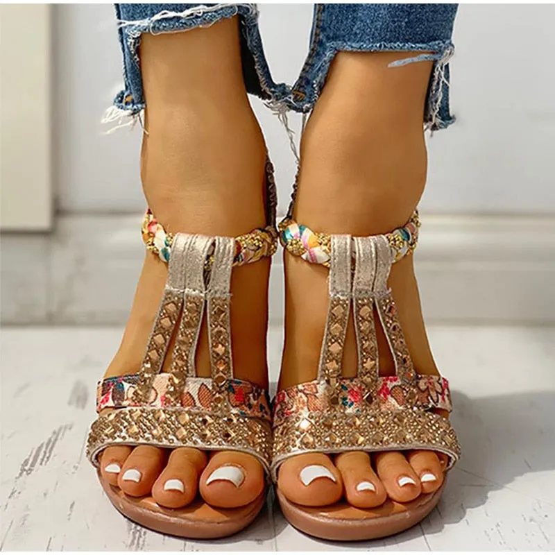 Sandals Summer Bohemia Platform Wedges Shoes Crystal Gladiator Rome Beach Shoes Casual Elastic Band Female