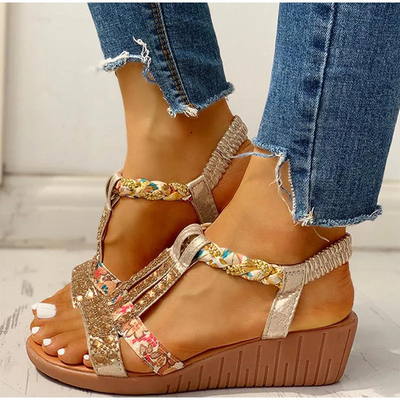 Sandals Summer Bohemia Platform Wedges Shoes Crystal Gladiator Rome Beach Shoes Casual Elastic Band Female