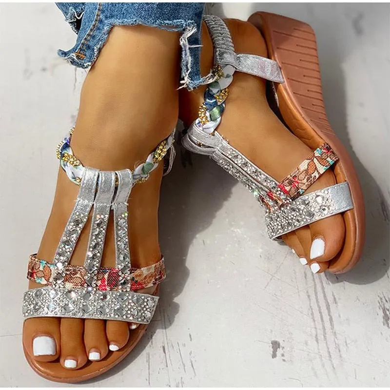 Sandals Summer Bohemia Platform Wedges Shoes Crystal Gladiator Rome Beach Shoes Casual Elastic Band Female