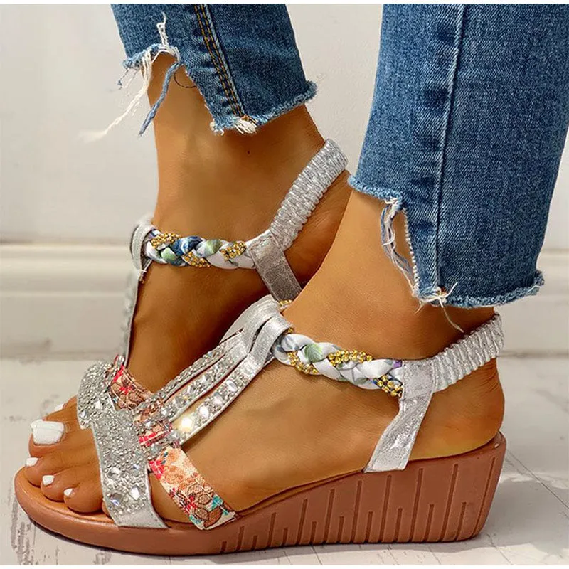 Sandals Summer Bohemia Platform Wedges Shoes Crystal Gladiator Rome Beach Shoes Casual Elastic Band Female