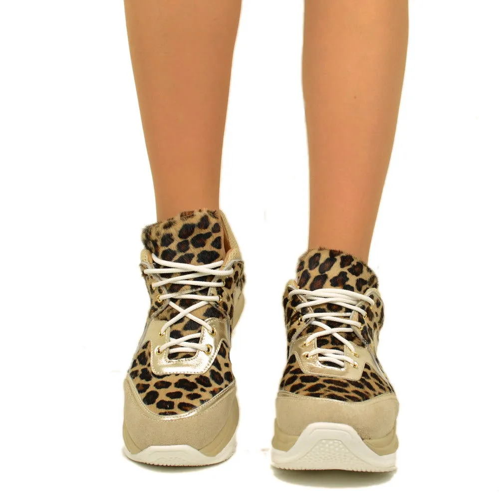 Sneakers Donna Leopardate con Lacci Fondo Platform Made in Italy