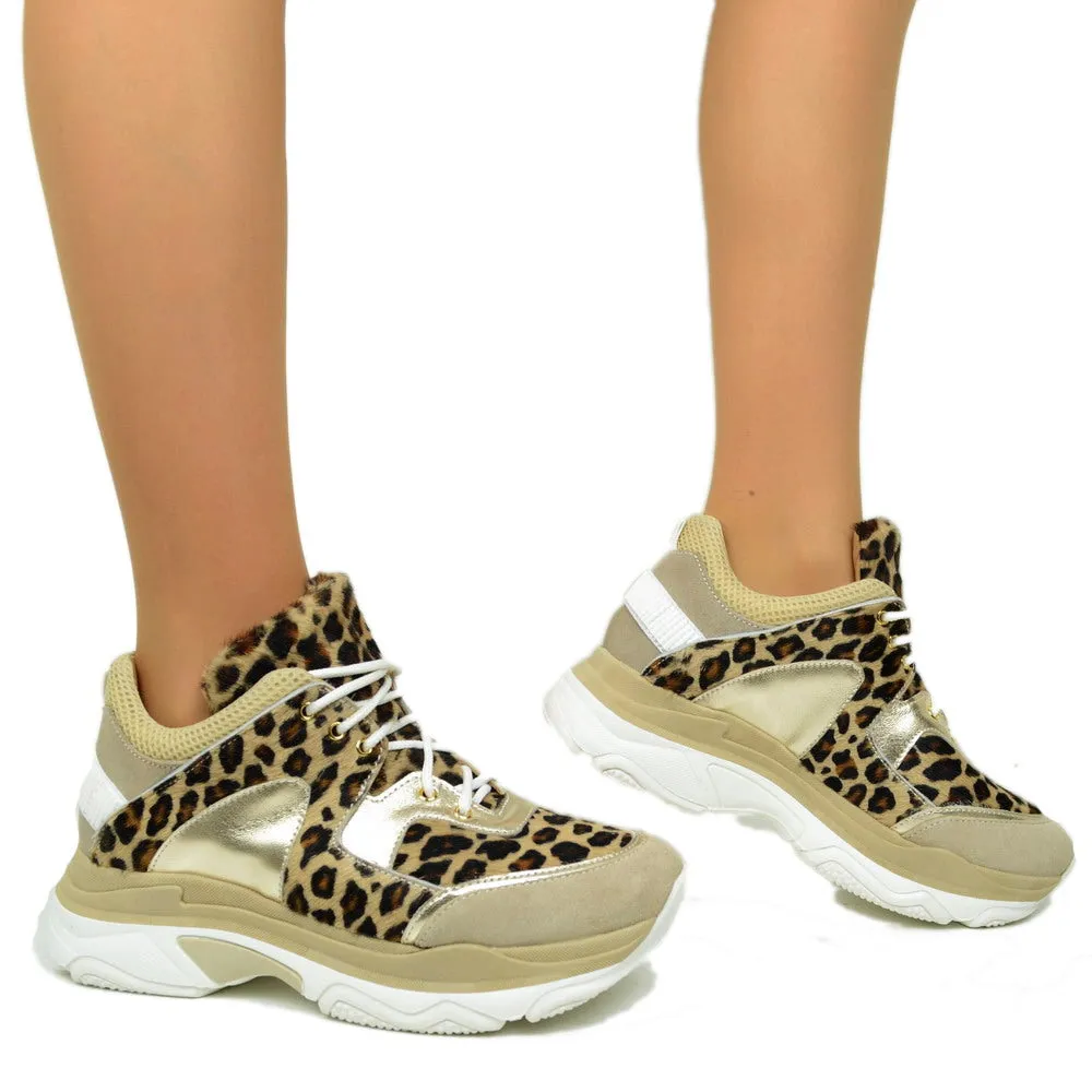 Sneakers Donna Leopardate con Lacci Fondo Platform Made in Italy
