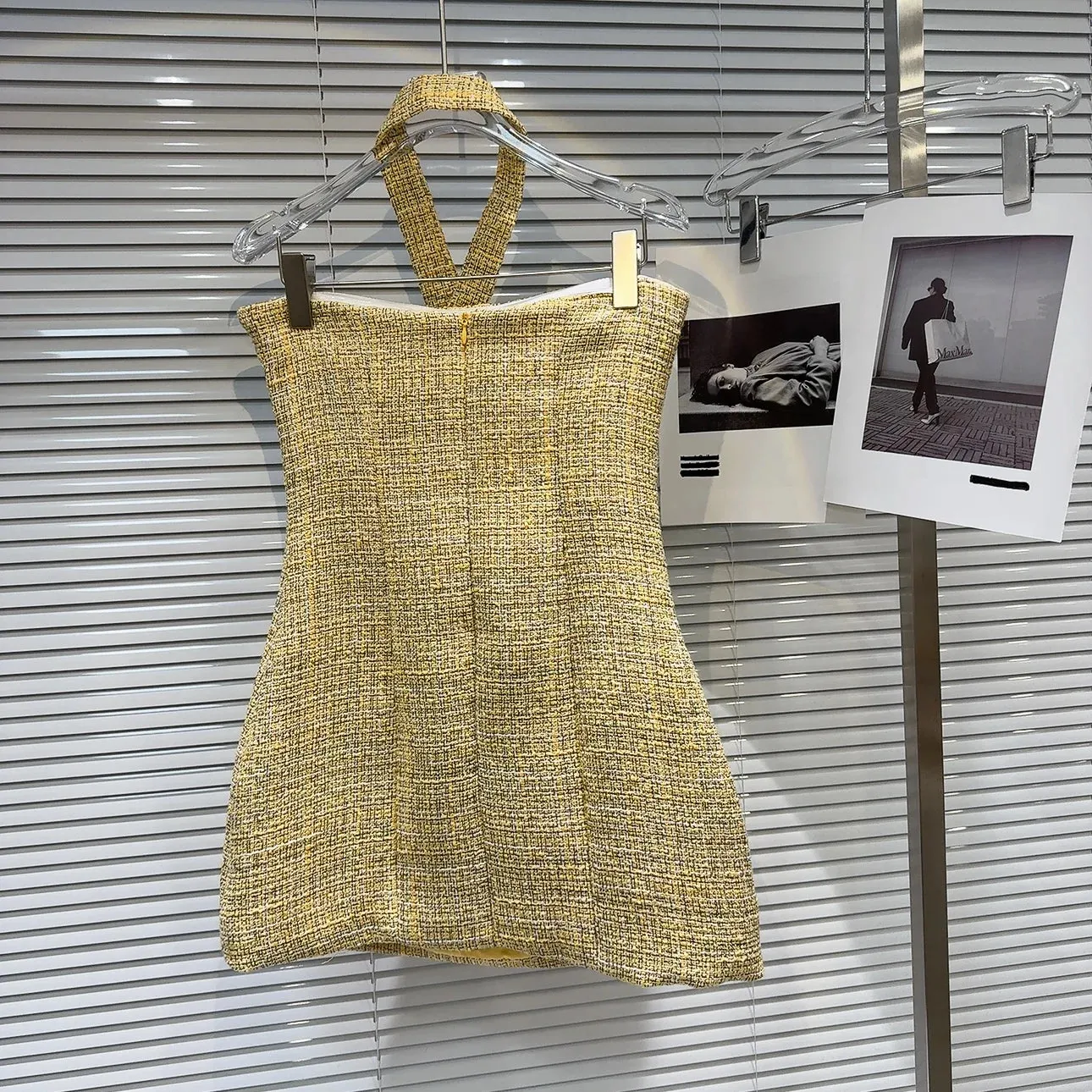 Strapless Petal Applique Necktie Halter Yellow Tweed Dress