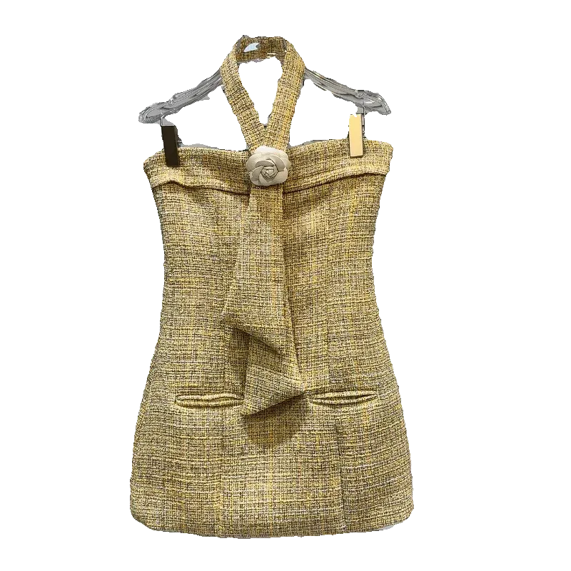Strapless Petal Applique Necktie Halter Yellow Tweed Dress