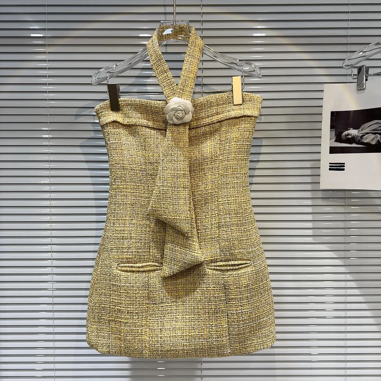 Strapless Petal Applique Necktie Halter Yellow Tweed Dress