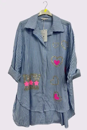 Stripe Rock Heart Star Sequin Motif Cotton Shirt