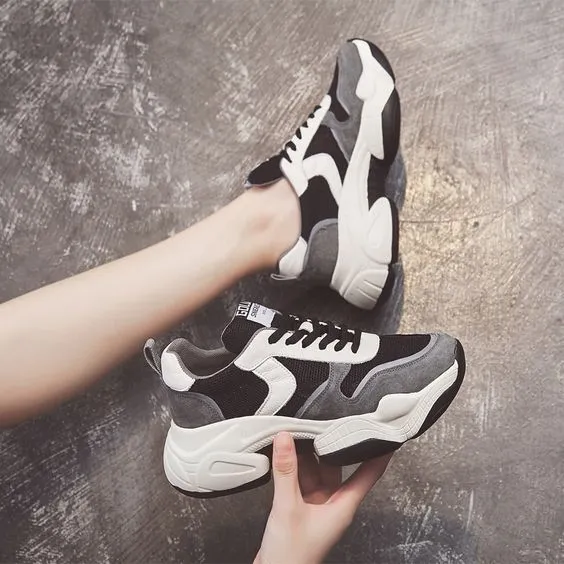 Stylish Color Block Leather Platform Dad Sneakers