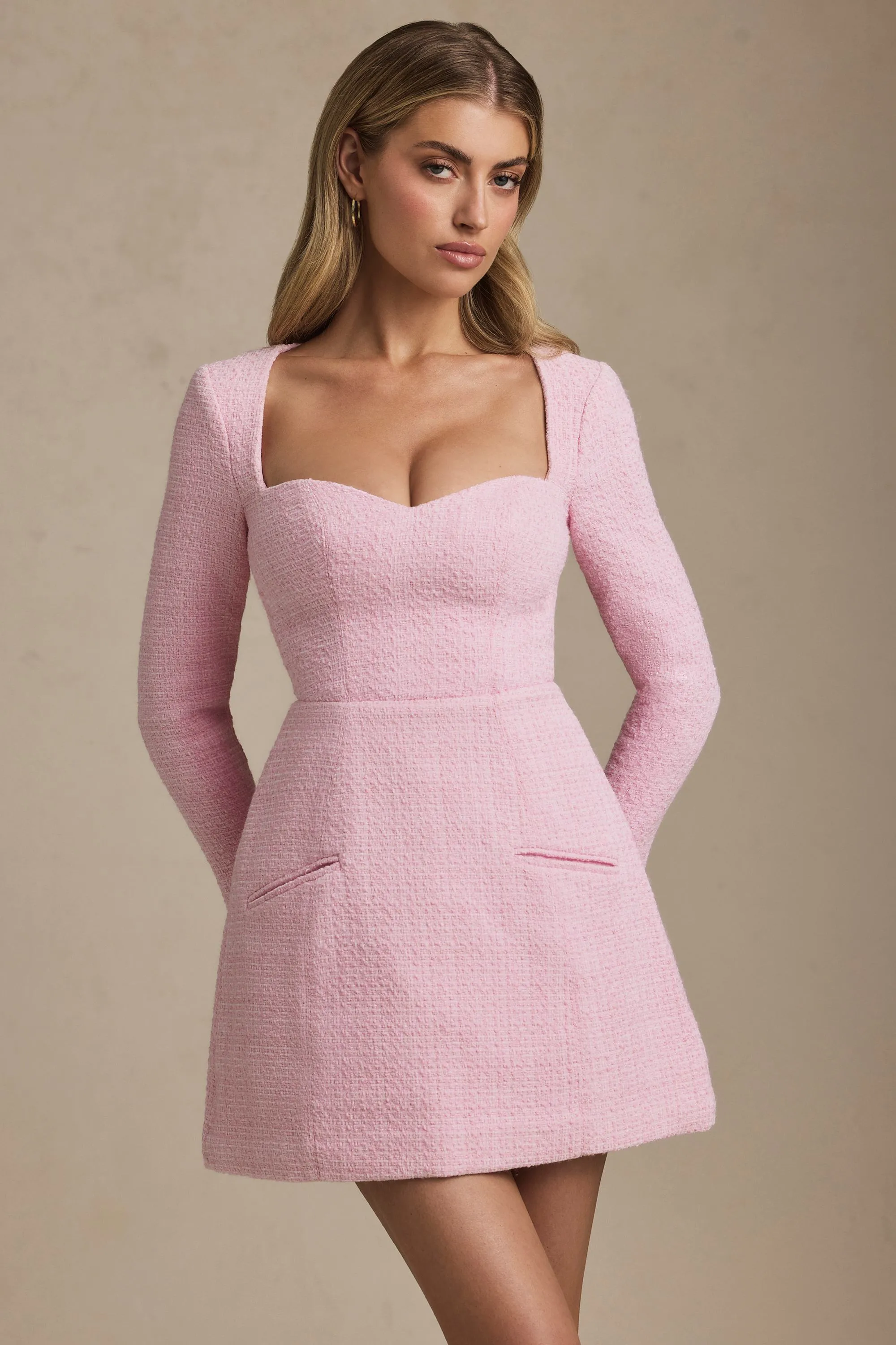 Sweetheart-Neck Structured Mini Dress in Soft Pink
