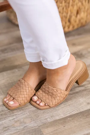 Tan Woven Single Strap Slide On Sandals