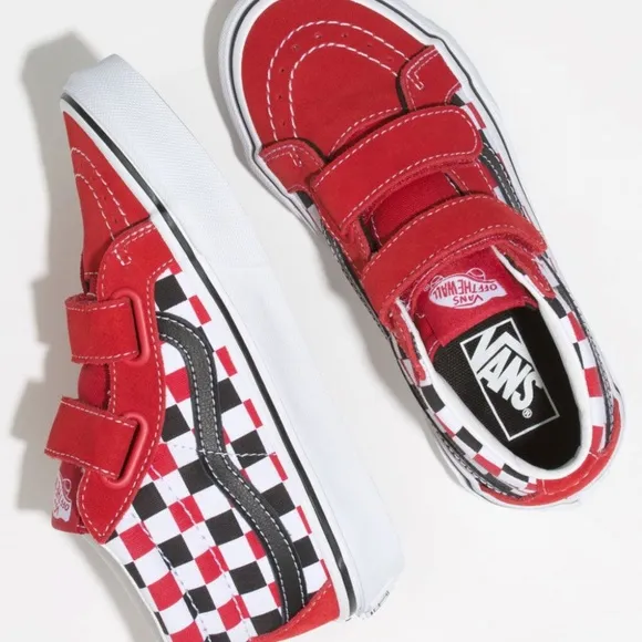 VANS Red, Black, White Checkerboard Velcro Sneakers