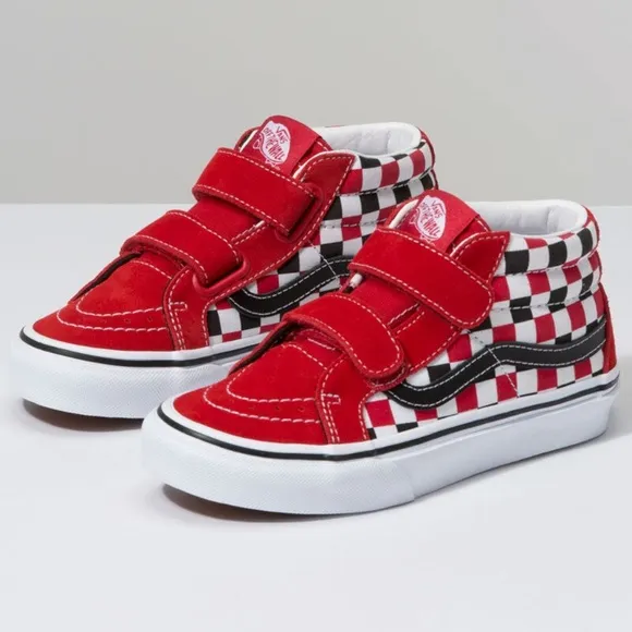 VANS Red, Black, White Checkerboard Velcro Sneakers