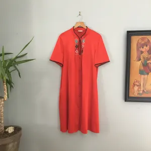 Vintage JCPenny Red Floral Embroidered Nightie Robe slip dress // size Large // Made in the USA // Lounge wear Muumuu Lingerie
