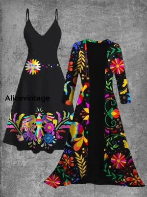 Vintage Mexican Floral Art Print Slip Dress Two-Piece Midi Dress